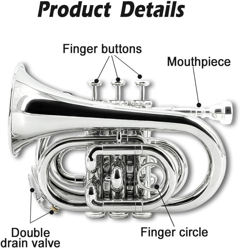 ModouString Bb Pocket Trumpet with Case,Mouthpiece, Cleaning Cloth Brass Musical Instruments for Students and Beginners (silver) - Image 3